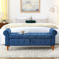Fabric Upholstered Storage Ottoman Bench with Tufted Button Blue Rolled Arms