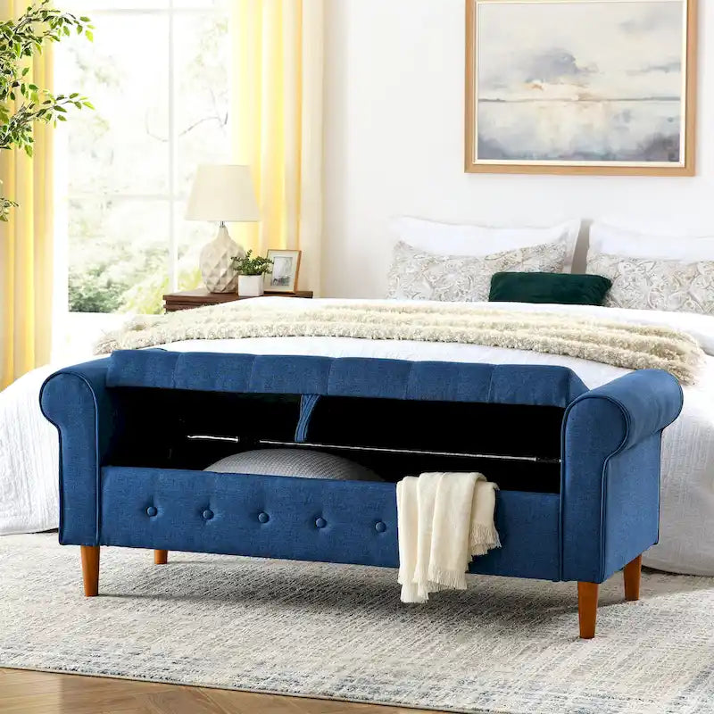 Fabric Upholstered Storage Ottoman Bench with Tufted Button Blue Rolled Arms