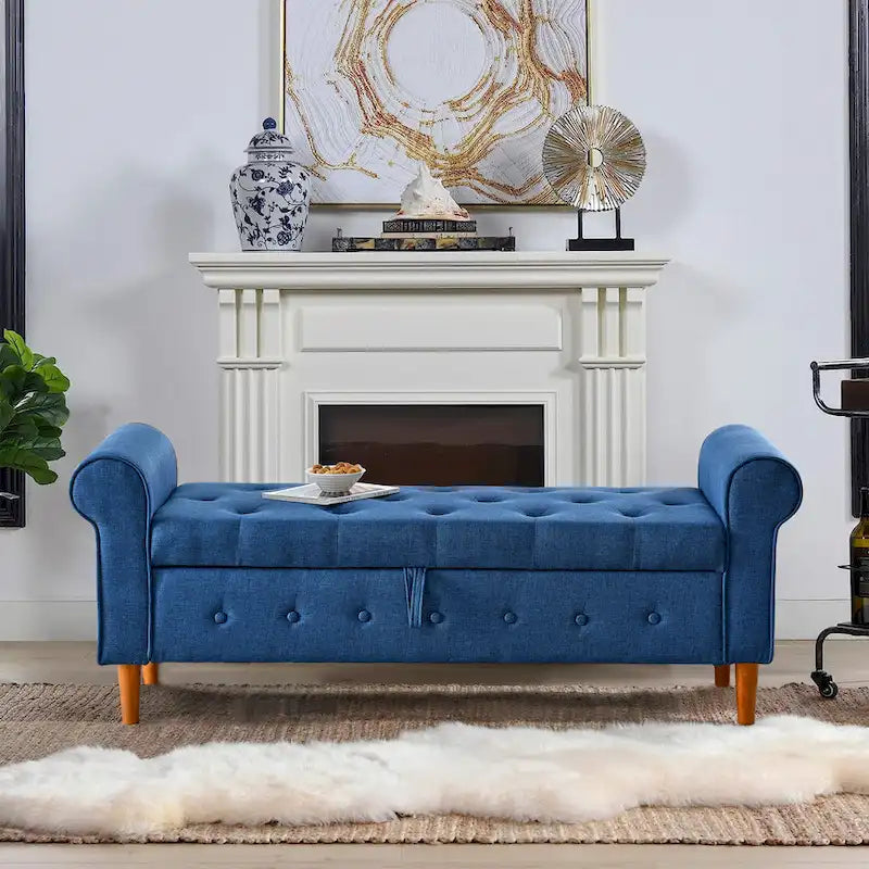 Fabric Upholstered Storage Ottoman Bench with Tufted Button Blue Rolled Arms