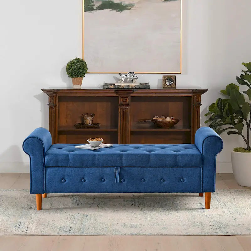 Fabric Upholstered Storage Ottoman Bench with Tufted Button Blue Rolled Arms