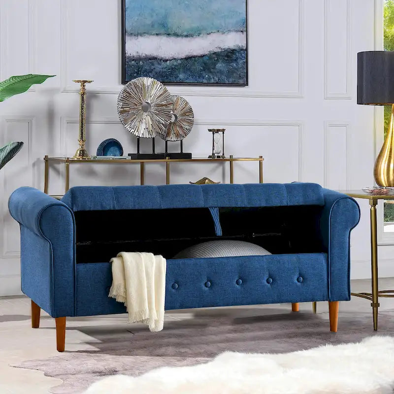 Fabric Upholstered Storage Ottoman Bench with Tufted Button Blue Rolled Arms