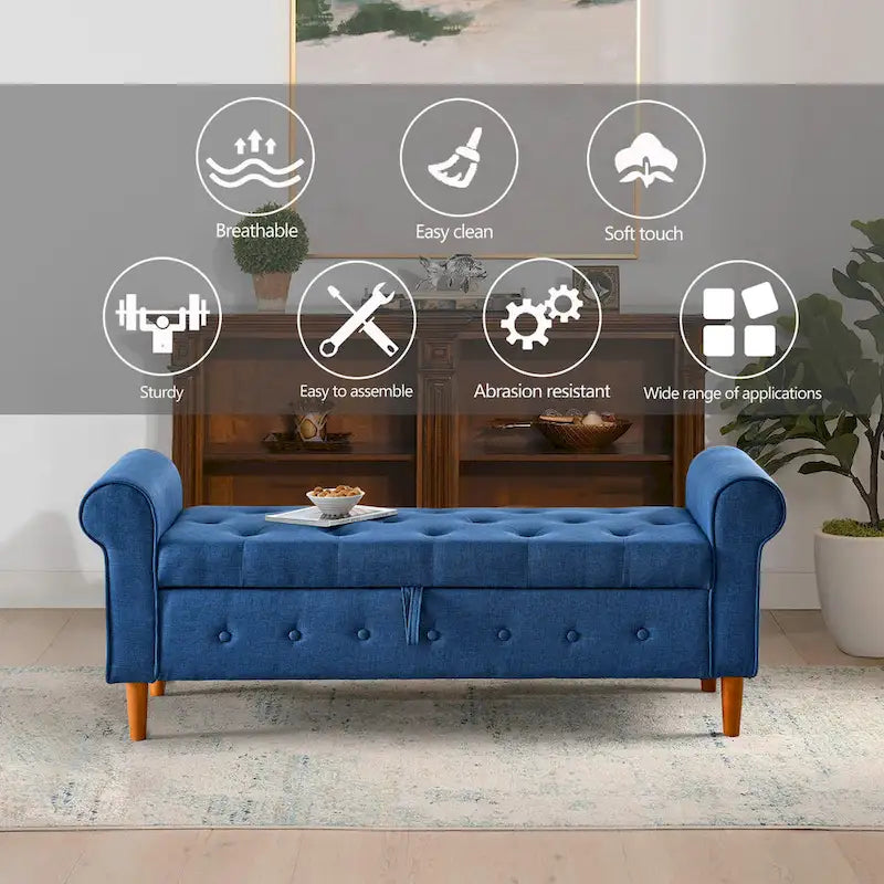 Fabric Upholstered Storage Ottoman Bench with Tufted Button Blue Rolled Arms