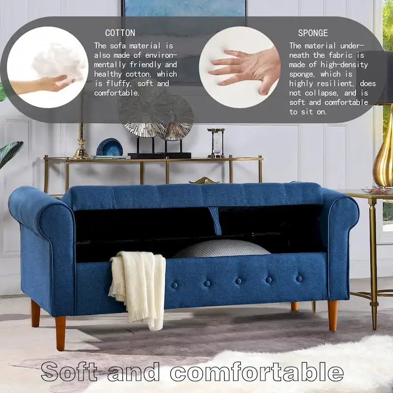 Fabric Upholstered Storage Ottoman Bench with Tufted Button Blue Rolled Arms