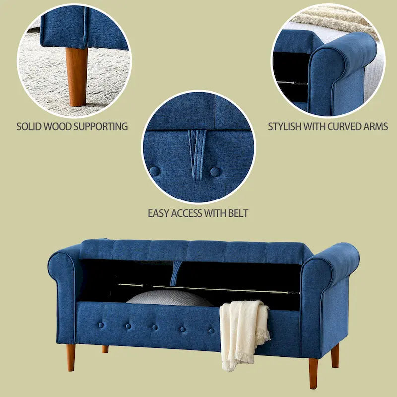 Fabric Upholstered Storage Ottoman Bench with Tufted Button Blue Rolled Arms