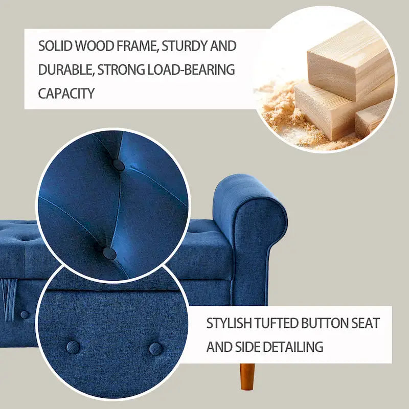 Fabric Upholstered Storage Ottoman Bench with Tufted Button Blue Rolled Arms