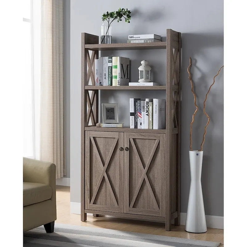 Antique Wooden Crosshatch Display Cabinet, Home Storage Cabinet Two Shelves, Two Door for Living Room, Entryway, Bedroom