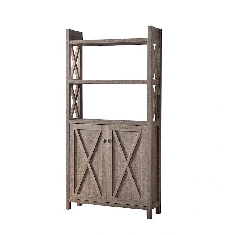 Antique Wooden Crosshatch Display Cabinet, Home Storage Cabinet Two Shelves, Two Door for Living Room, Entryway, Bedroom