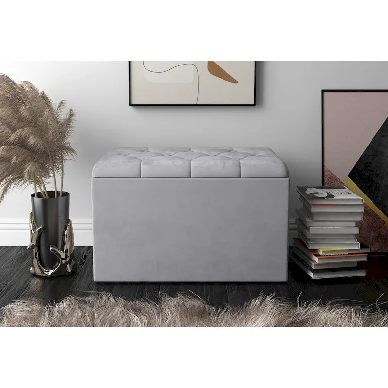 Velvet Button-Tufted Flip Top Storage Ottoman Bench, Silver Grey & Black
