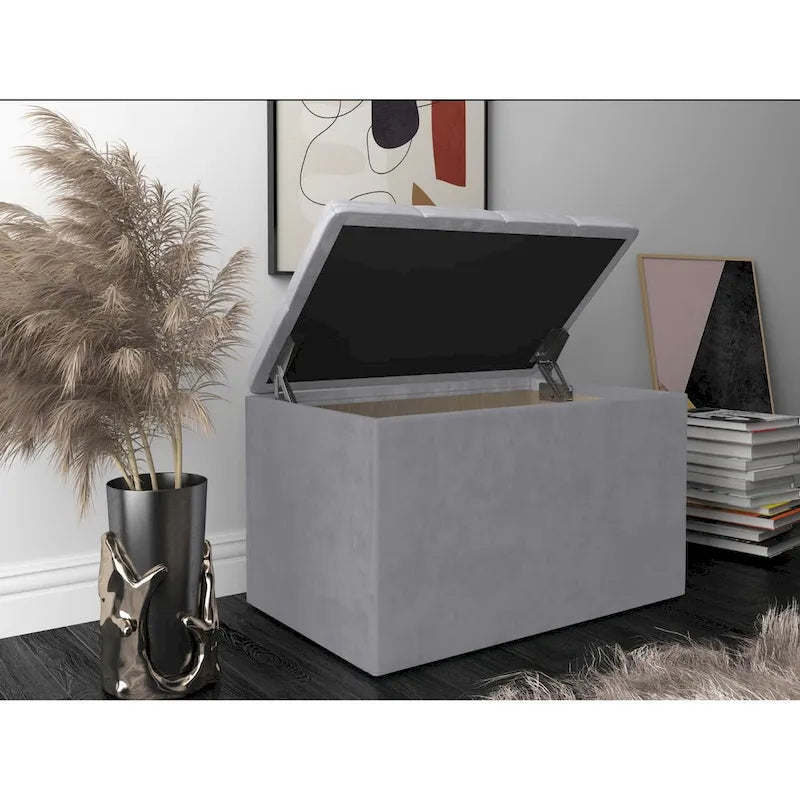 Velvet Button-Tufted Flip Top Storage Ottoman Bench, Silver Grey & Black