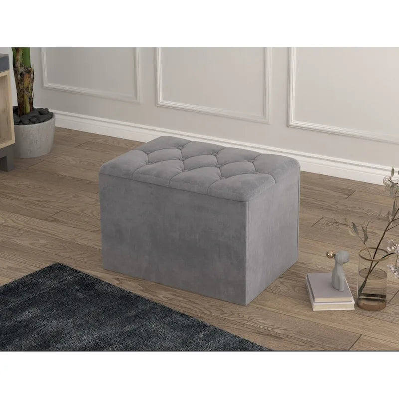 Velvet Button-Tufted Flip Top Storage Ottoman Bench, Silver Grey & Black