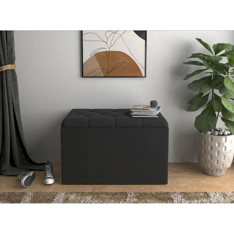 Velvet Button-Tufted Flip Top Storage Ottoman Bench, Silver Grey & Black