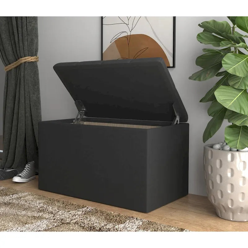 Velvet Button-Tufted Flip Top Storage Ottoman Bench, Silver Grey & Black