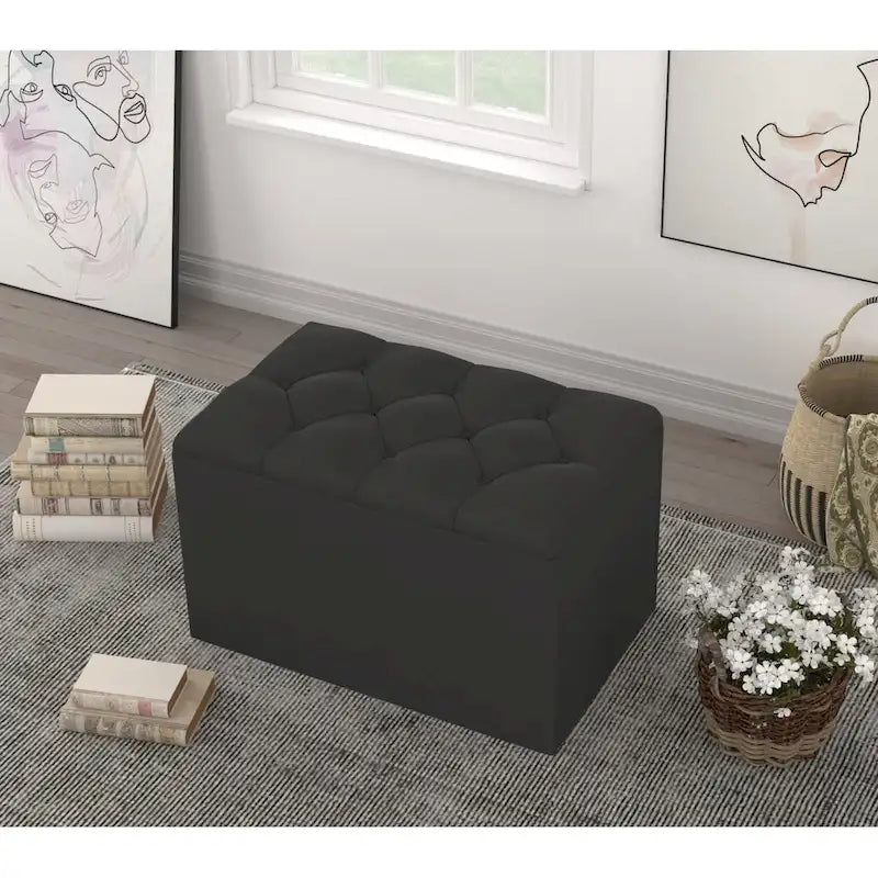 Velvet Button-Tufted Flip Top Storage Ottoman Bench, Silver Grey & Black