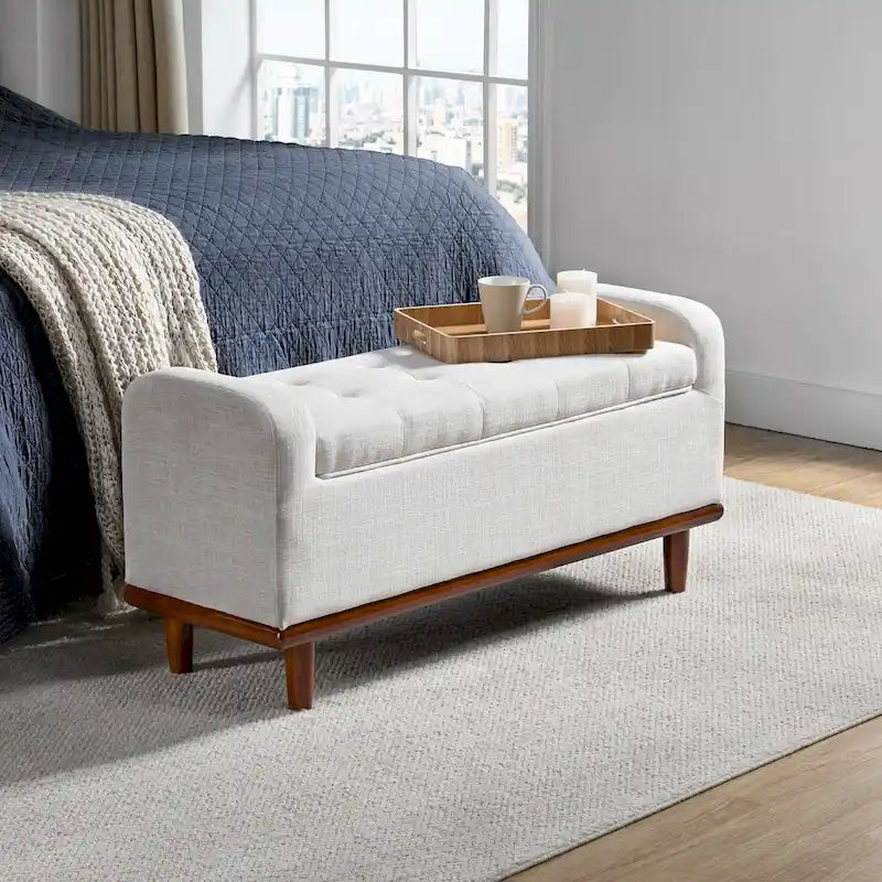 Tufted Upholstered Storage Bench with Curved Arms and Walnut Wood Legs