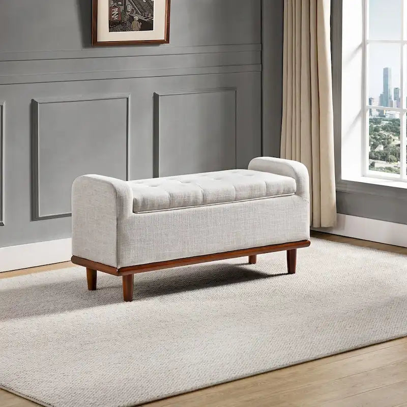 Tufted Upholstered Storage Bench with Curved Arms and Walnut Wood Legs
