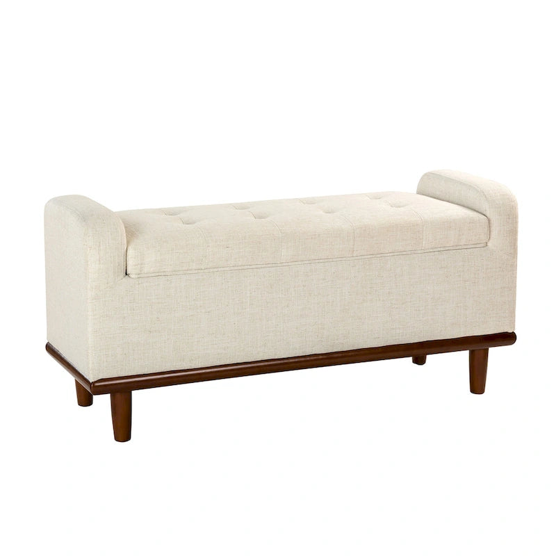 Tufted Upholstered Storage Bench with Curved Arms and Walnut Wood Legs