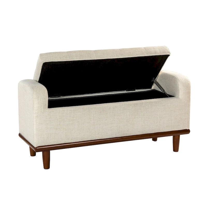 Tufted Upholstered Storage Bench with Curved Arms and Walnut Wood Legs