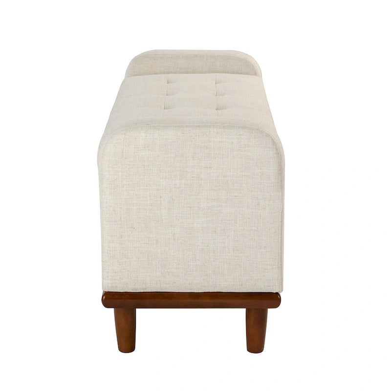 Tufted Upholstered Storage Bench with Curved Arms and Walnut Wood Legs