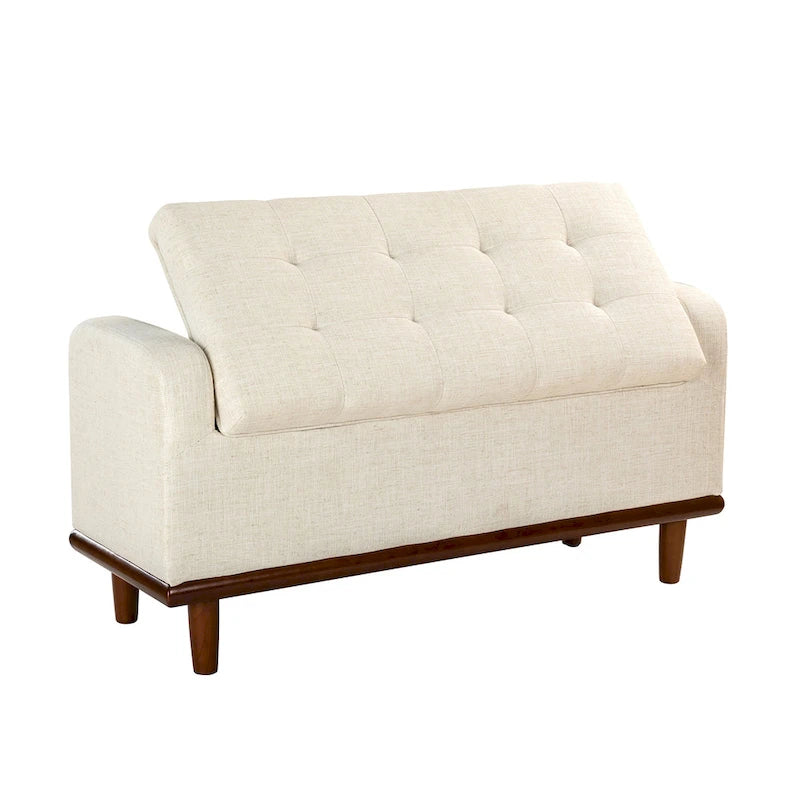 Tufted Upholstered Storage Bench with Curved Arms and Walnut Wood Legs