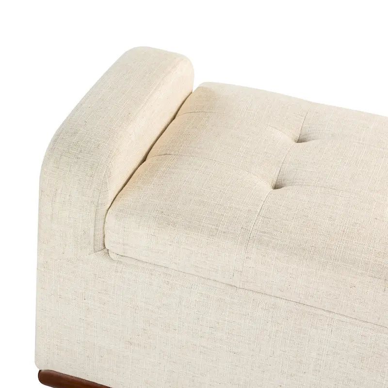 Tufted Upholstered Storage Bench with Curved Arms and Walnut Wood Legs