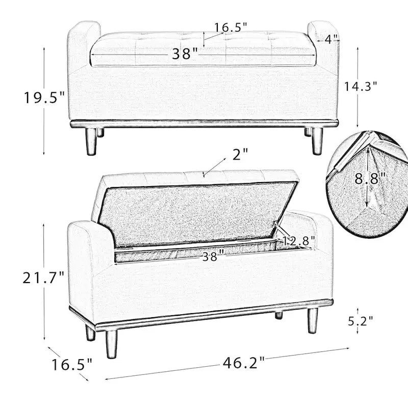 Tufted Upholstered Storage Bench with Curved Arms and Walnut Wood Legs