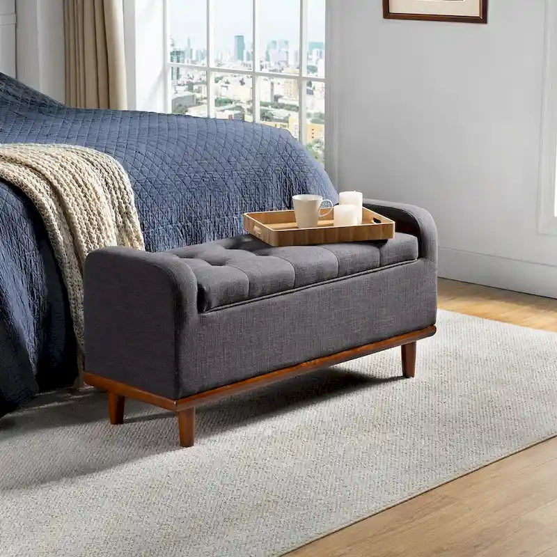 Tufted Upholstered Storage Bench with Curved Arms and Walnut Wood Legs