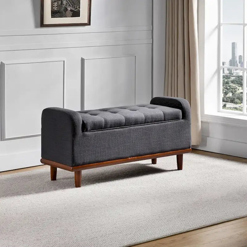 Tufted Upholstered Storage Bench with Curved Arms and Walnut Wood Legs