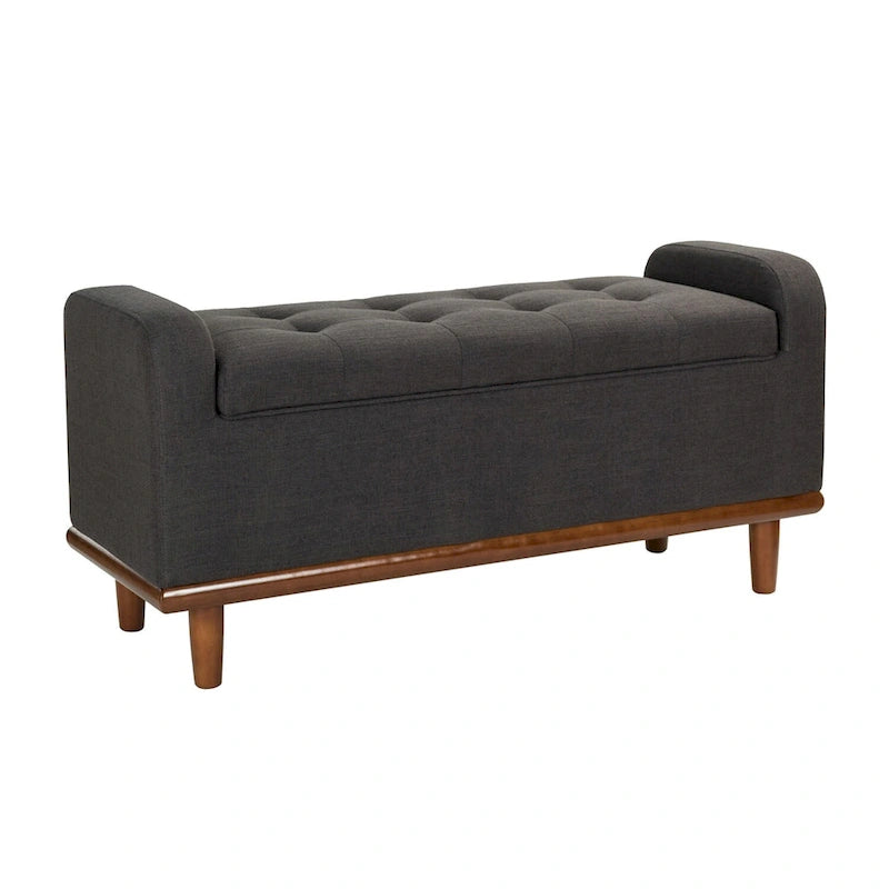 Tufted Upholstered Storage Bench with Curved Arms and Walnut Wood Legs