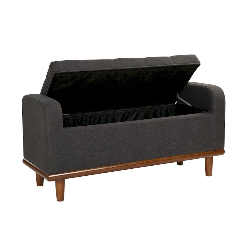Tufted Upholstered Storage Bench with Curved Arms and Walnut Wood Legs