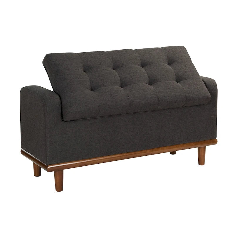 Tufted Upholstered Storage Bench with Curved Arms and Walnut Wood Legs