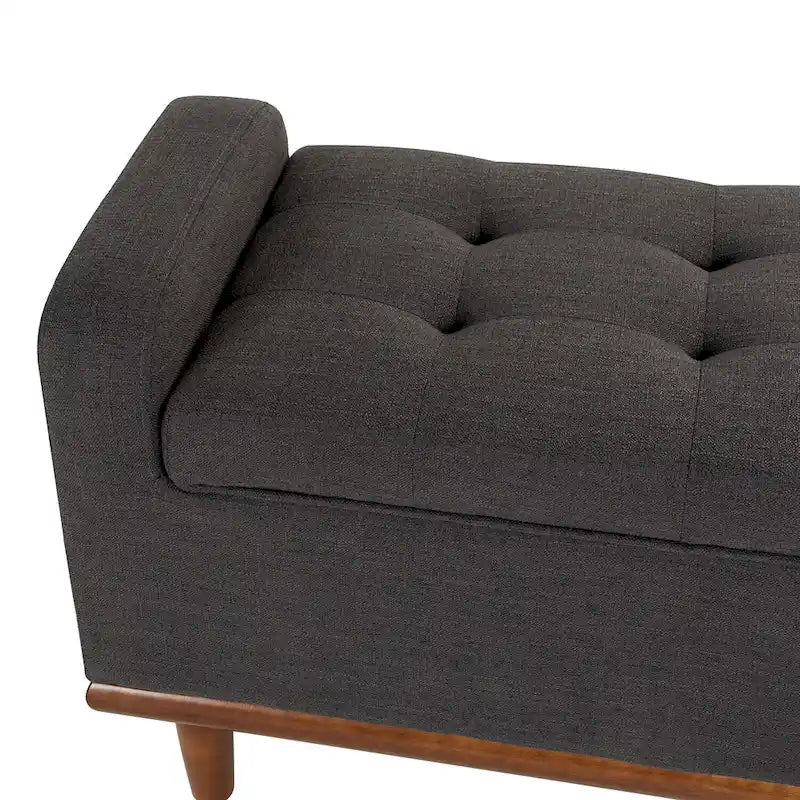 Tufted Upholstered Storage Bench with Curved Arms and Walnut Wood Legs