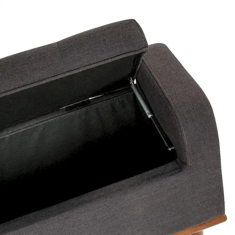Tufted Upholstered Storage Bench with Curved Arms and Walnut Wood Legs