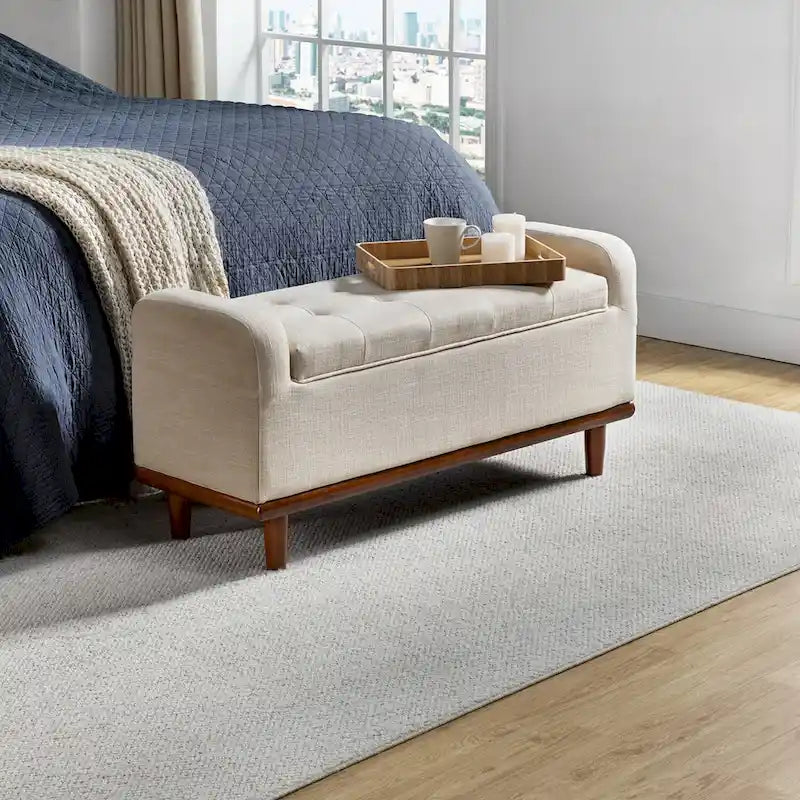 Tufted Upholstered Storage Bench with Curved Arms and Walnut Wood Legs