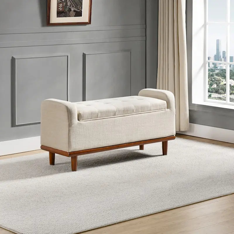 Tufted Upholstered Storage Bench with Curved Arms and Walnut Wood Legs