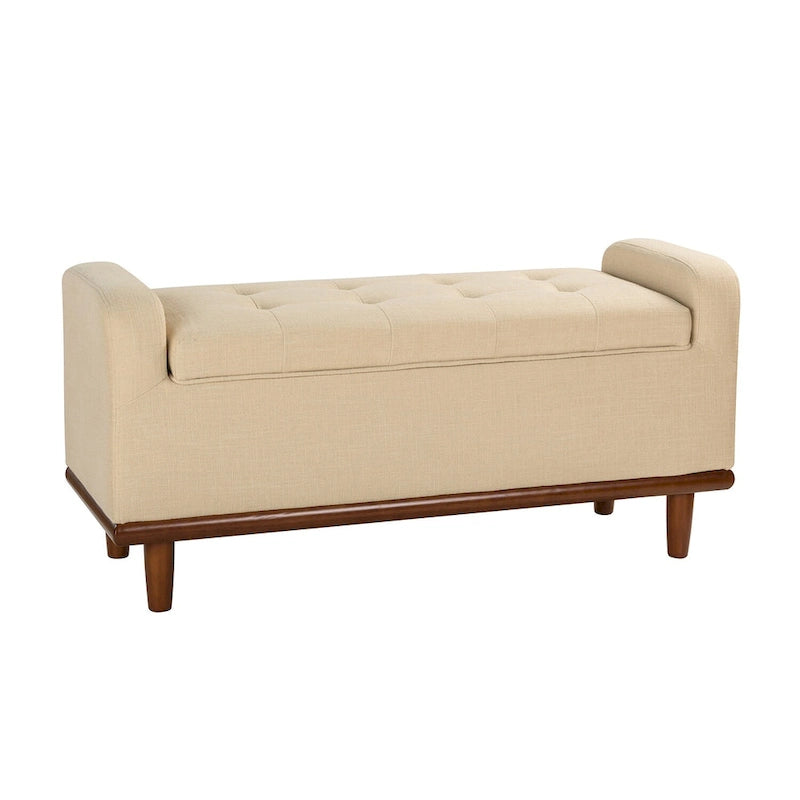 Tufted Upholstered Storage Bench with Curved Arms and Walnut Wood Legs