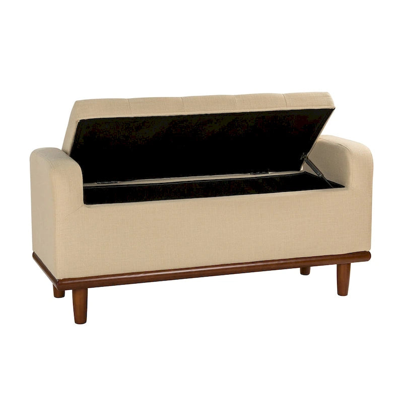 Tufted Upholstered Storage Bench with Curved Arms and Walnut Wood Legs