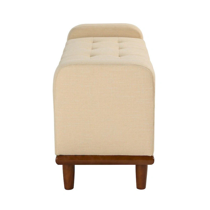 Tufted Upholstered Storage Bench with Curved Arms and Walnut Wood Legs