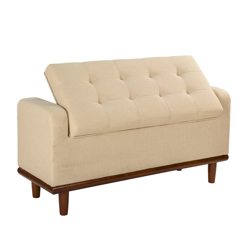 Tufted Upholstered Storage Bench with Curved Arms and Walnut Wood Legs
