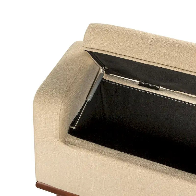 Tufted Upholstered Storage Bench with Curved Arms and Walnut Wood Legs