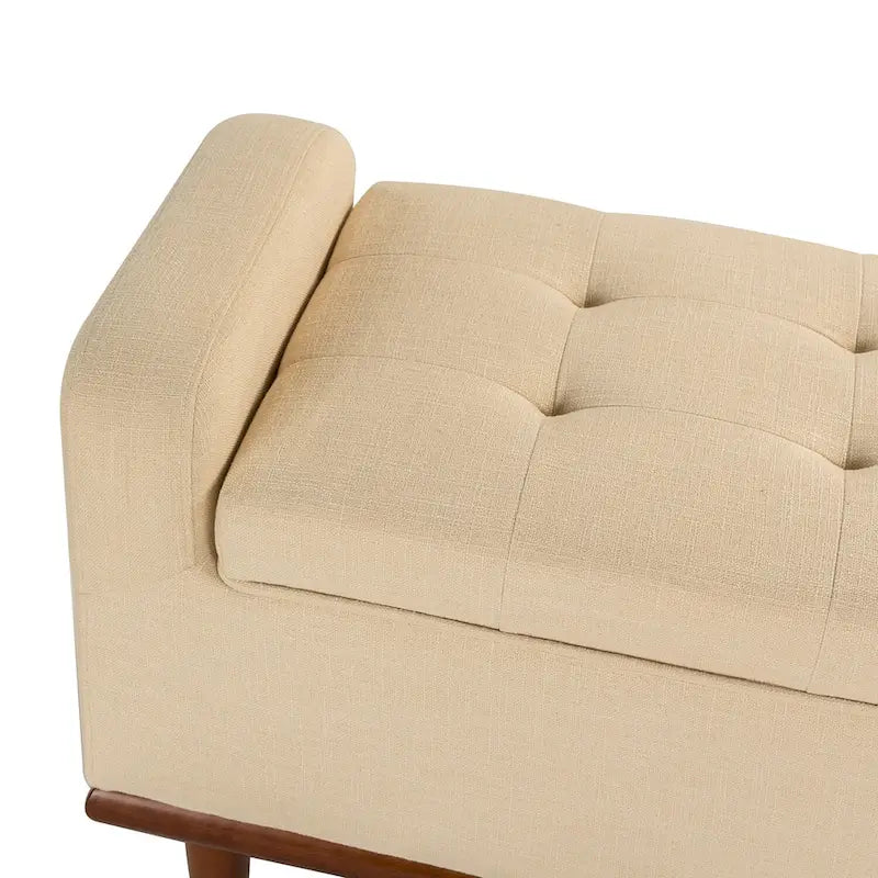Tufted Upholstered Storage Bench with Curved Arms and Walnut Wood Legs