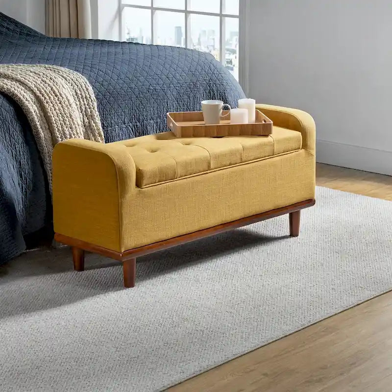 Tufted Upholstered Storage Bench with Curved Arms and Walnut Wood Legs