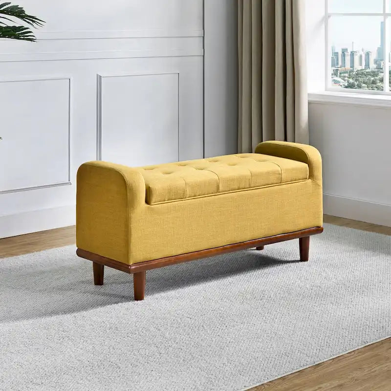 Tufted Upholstered Storage Bench with Curved Arms and Walnut Wood Legs