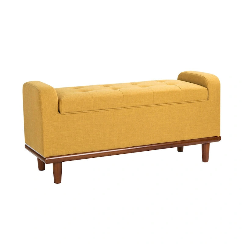 Tufted Upholstered Storage Bench with Curved Arms and Walnut Wood Legs