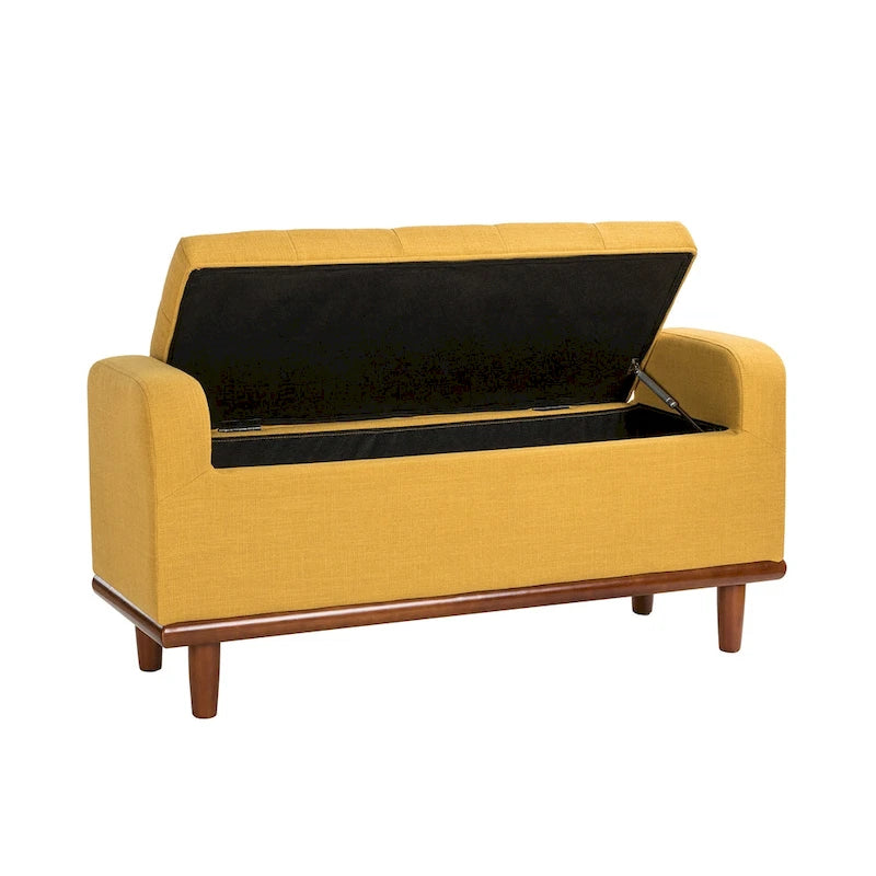 Tufted Upholstered Storage Bench with Curved Arms and Walnut Wood Legs