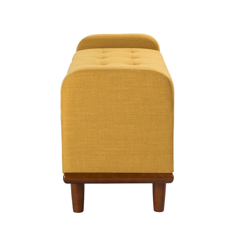 Tufted Upholstered Storage Bench with Curved Arms and Walnut Wood Legs