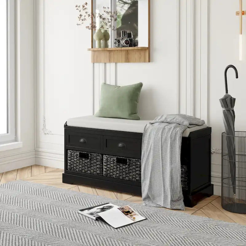 Cushioned Wood Storage Bench with Drawers and Baskets, Multi-Color