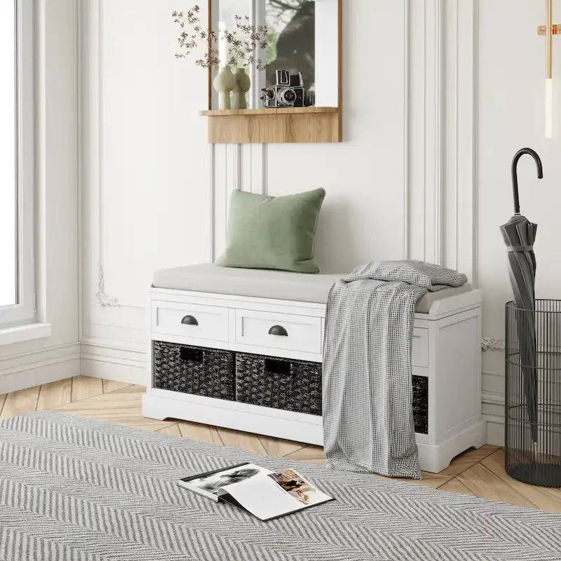 Cushioned Wood Storage Bench with Drawers and Baskets, Multi-Color