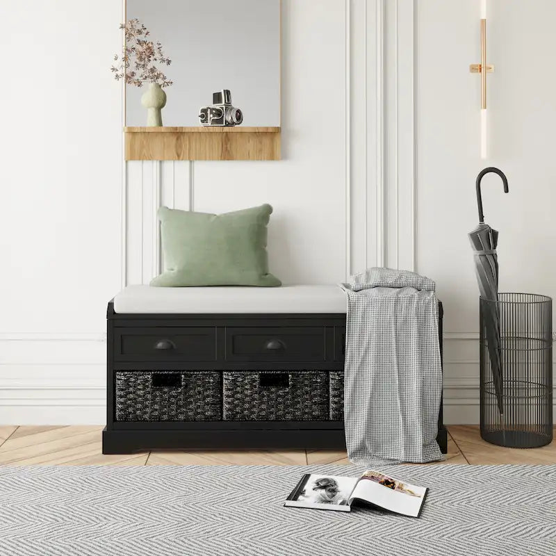 Homes Collection Wood Storage Bench with 3 Drawers and 3 Baskets
