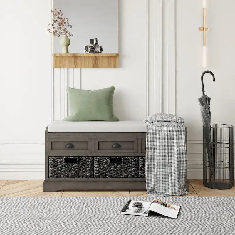 Cushioned Wood Storage Bench with Drawers and Baskets, Multi-Color