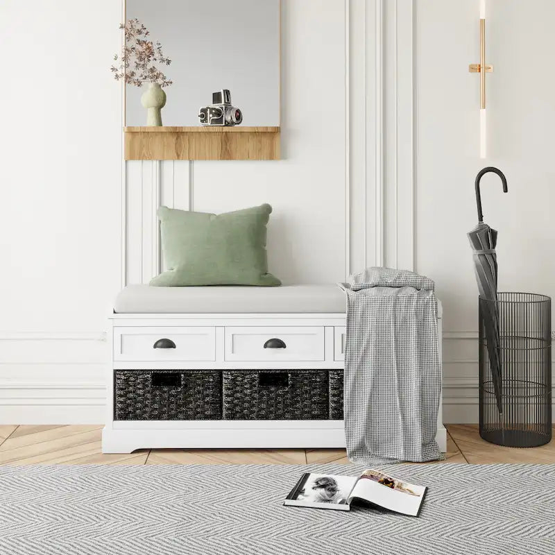 Cushioned Wood Storage Bench with Drawers and Baskets, Multi-Color